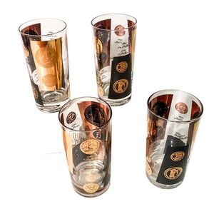 Mid-Century Cera Glass Gold Coin Highball Glasses MCM Barware 1960's